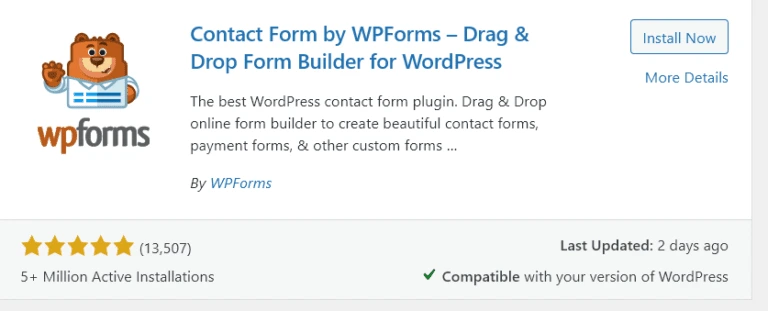 WordPress plugin card interface for WPForms builder.