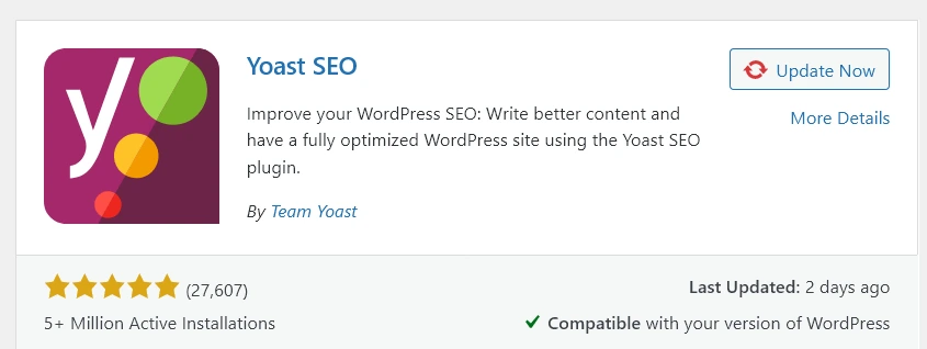 WordPress plugin card showing a Yoast SEO update notice.