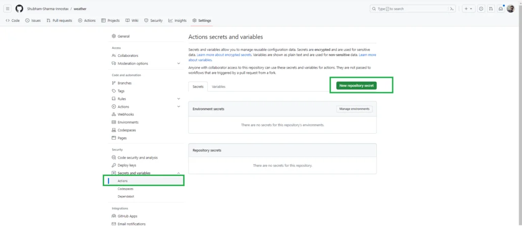GitHub Actions secrets and variables settings page.