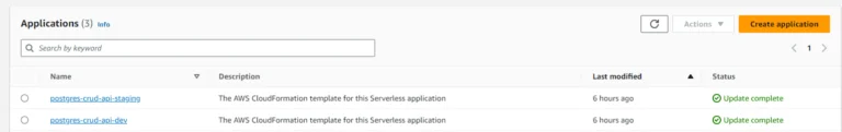  AWS console list showing cloudformation applications.