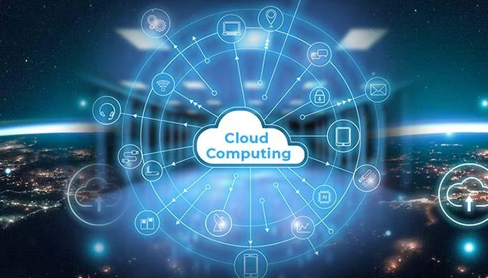Cloud computing concept diagram showing interconnected digital icons.