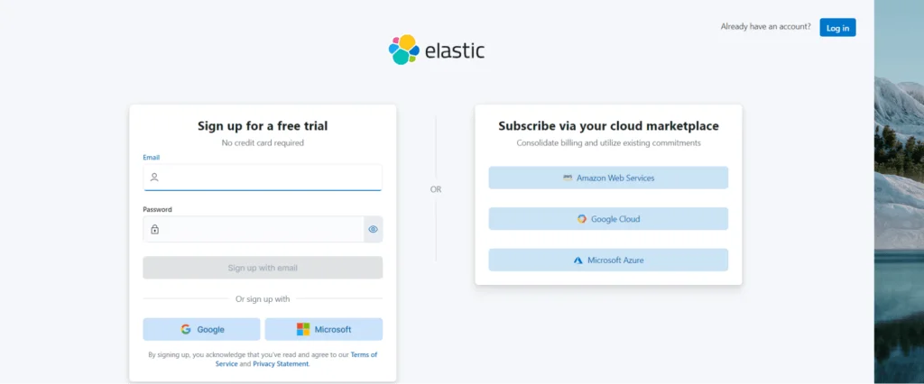 Elastic sign up page with trial form and cloud marketplace links.