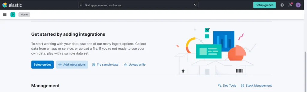 Elastic Kibana dashboard showing options to add data integrations.