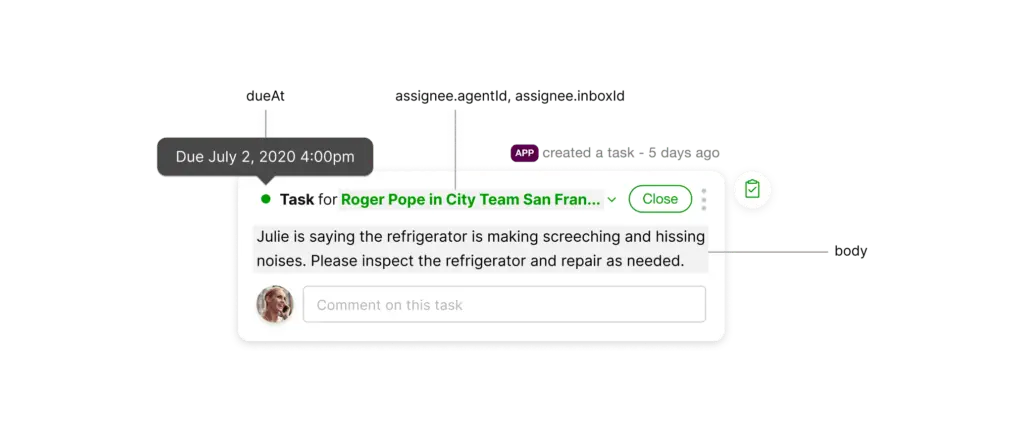 Gladly task interface API property mapping.