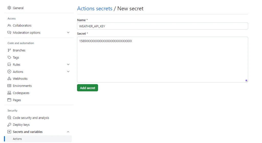 GitHub interface creating a new secret.