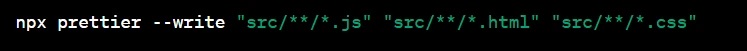 Terminal command using npx Prettier to format JavaScript, HTML, and CSS files