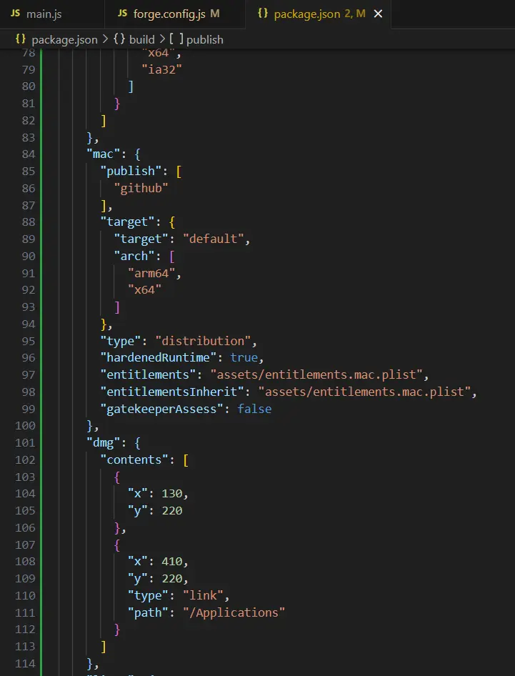 Mac and DMG build settings in package JSON.