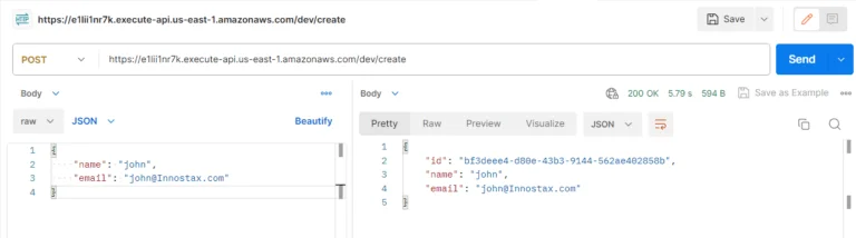 Postman client showing successful API POST response.