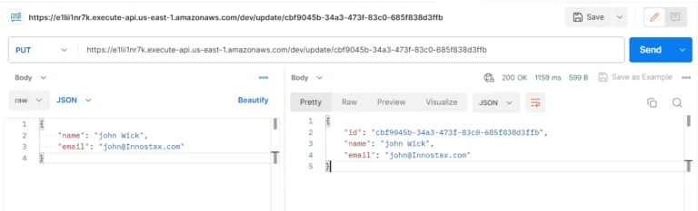  Postman client showing successful API PUT response.
