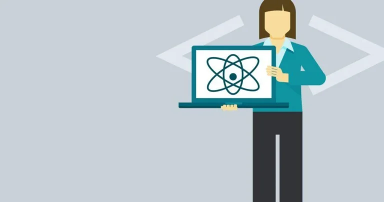 Developer holding a laptop with the React icon.