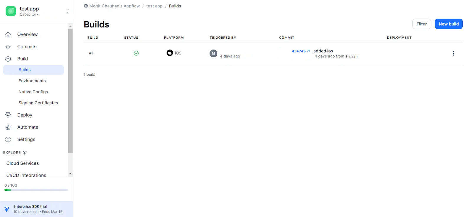 Ionic Appflow builds dashboard list view.