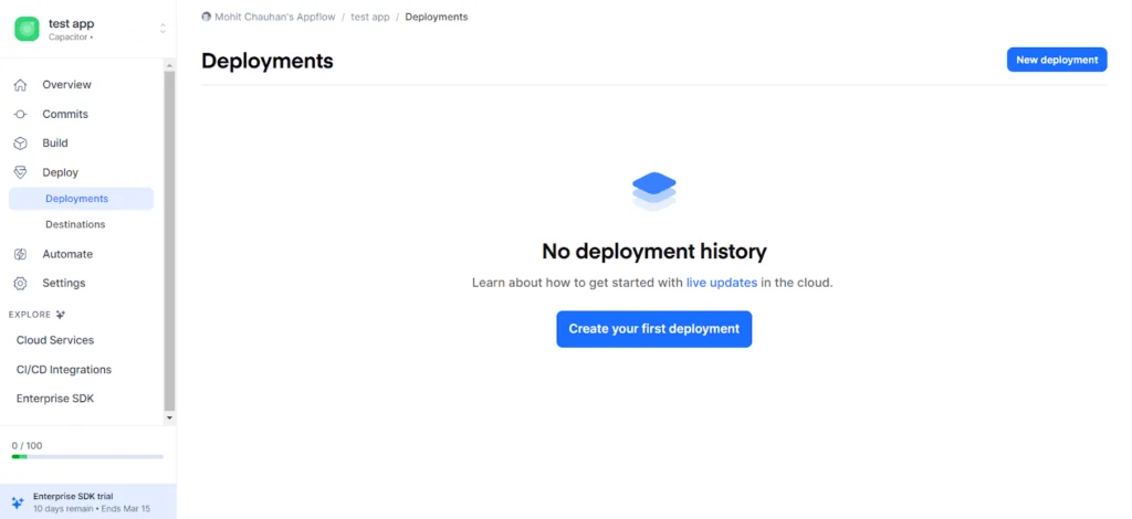 Ionic Appflow deployments page with no history.