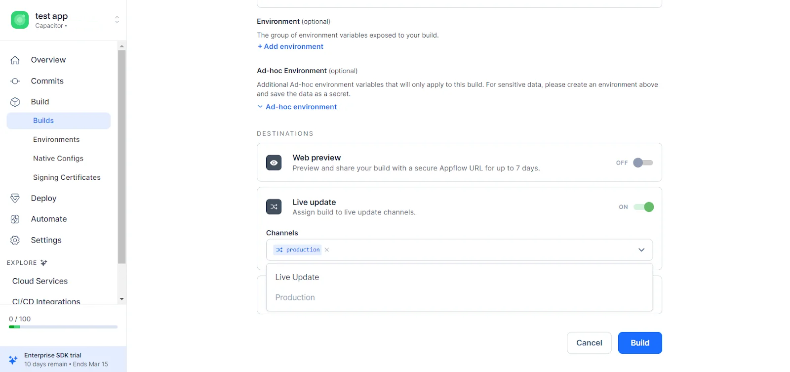 Ionic Appflow build destination settings panel