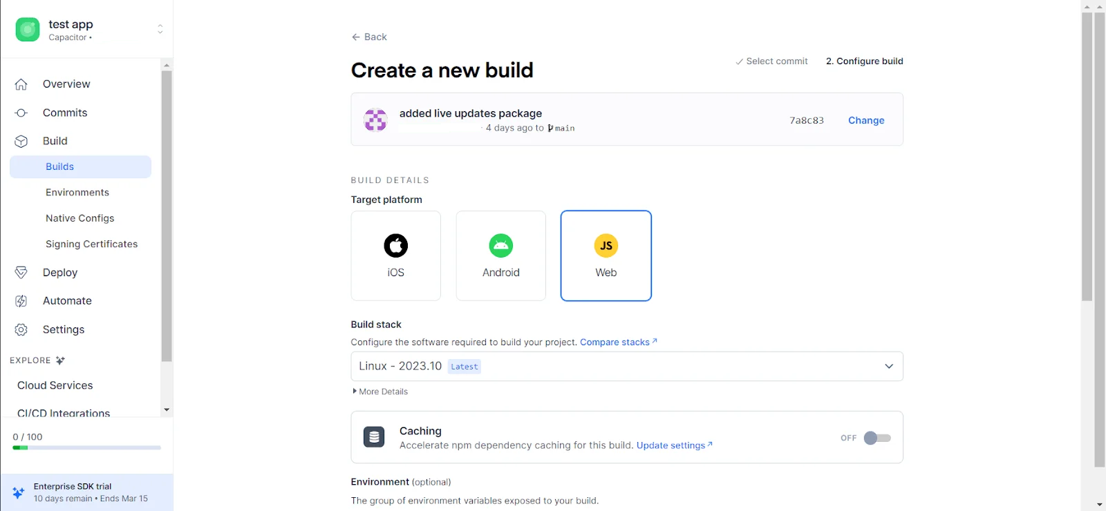 Ionic Appflow configuration screen for a web build.