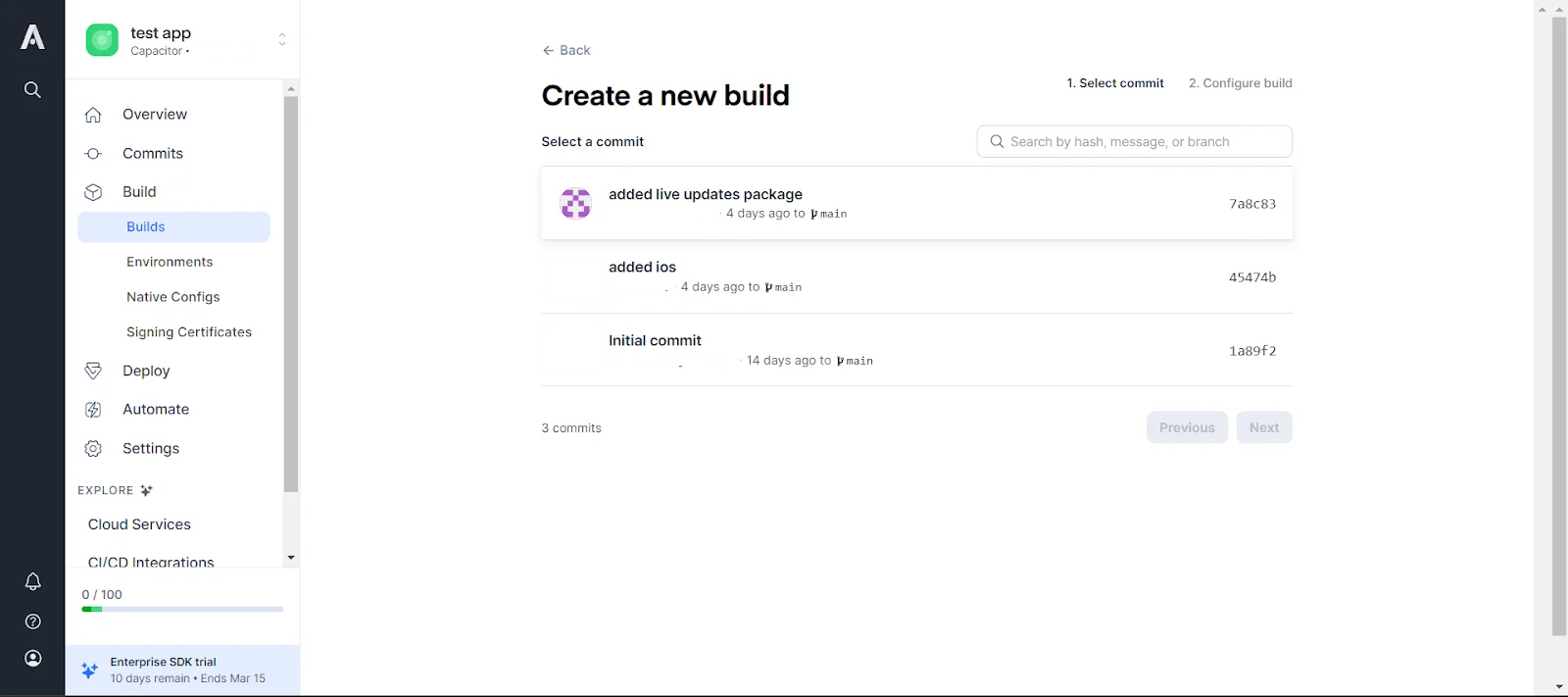 Ionic Appflow screen to select commit for new build