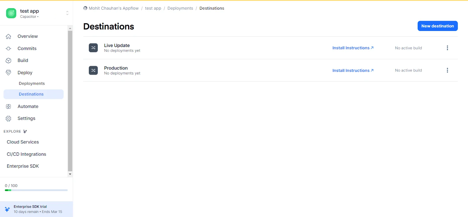 Ionic Appflow deployment destinations list screen
