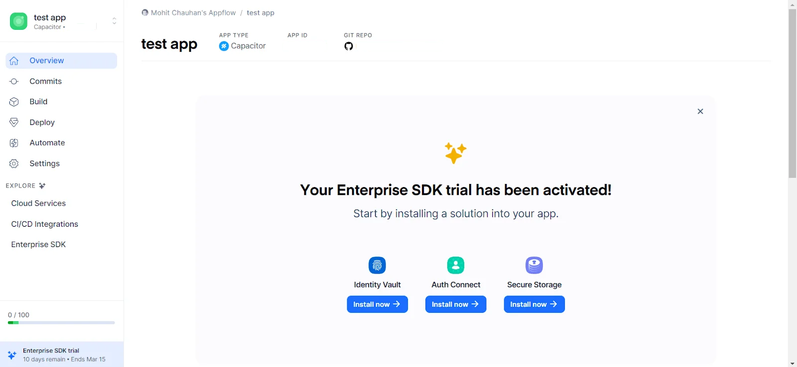 Ionic dashboard showing Enterprise SDK activation.