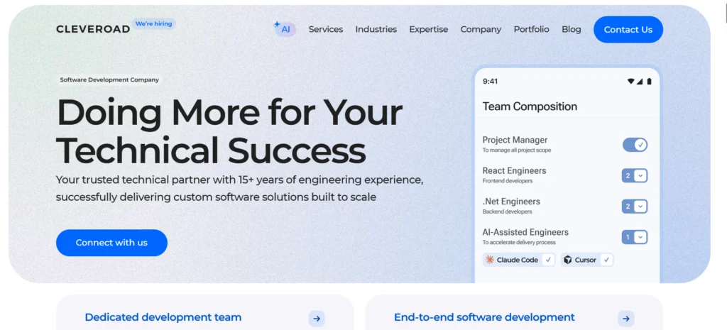 Cleveroad software development company homepage showcasing custom web, mobile, AI, and enterprise software development services.
