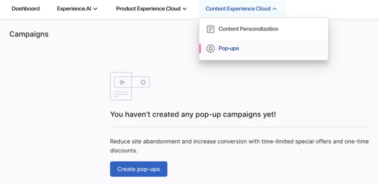 Content Experience Cloud dropdown with popup campaigns.