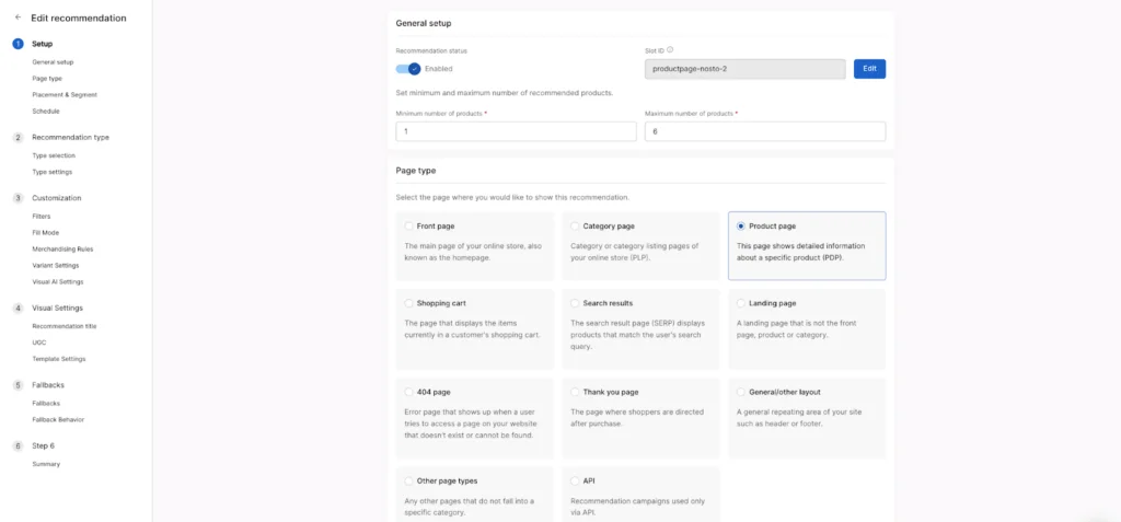 Edit recommendation panel with page type options.