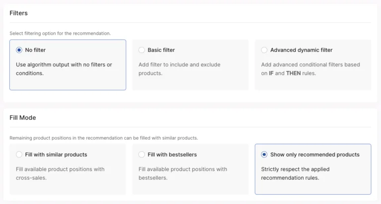 Dashboard setup options for filters and fill mode.