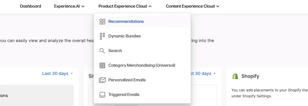 Product Experience Cloud dropdown menu options.