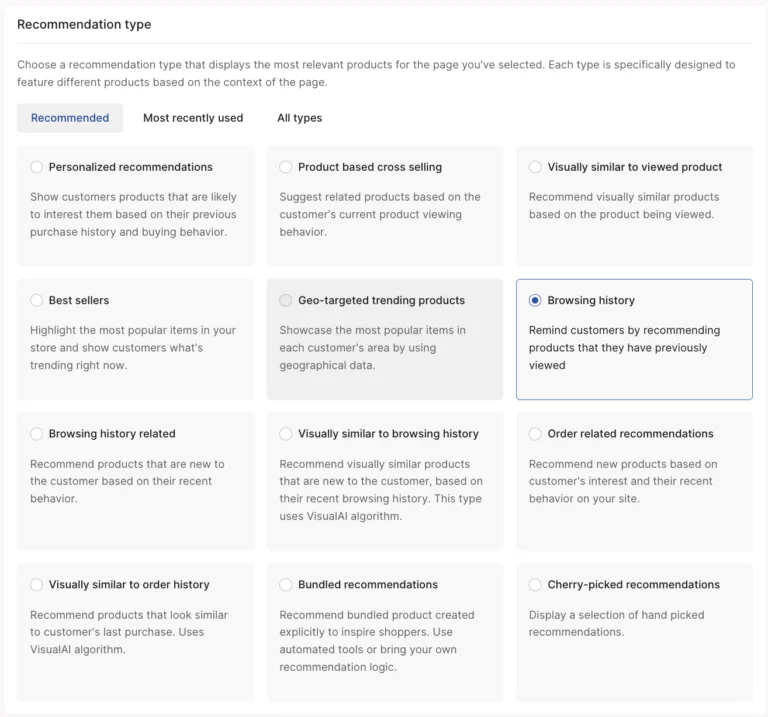 Dashboard showing different recommendation types.