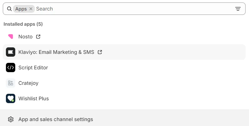 Shopify dashboard displaying a list of installed apps.
