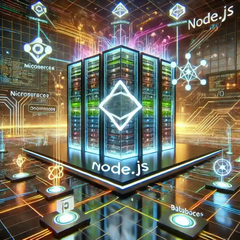Glowing digital cityscape illustrating Node.js web development technology
