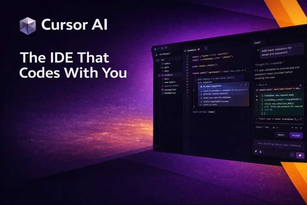 Cursor AI IDE showing AI-powered code suggestions and chat panel with the tagline The IDE That Codes With You