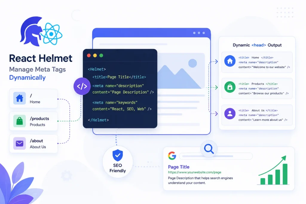 React Helmet manages SEO meta tags for better search visibility