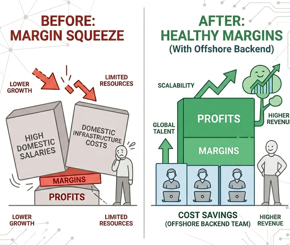 Comparison of software agency margins showing high domestic costs and low profits versus improved margins and scalability with an offshore backend development team