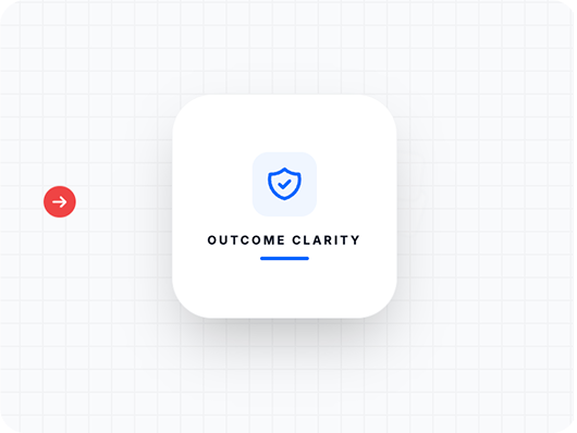 Outcome clarity badge with verified shield icon - transparent software delivery process ensuring measurable results and zero ambiguity in project outcomes for startups and enterprises