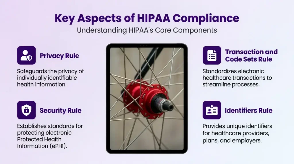 Infographic showing key aspects of HIPAA Compliance: Privacy Rule, Security Rule, Transaction and Code Sets Rule, and Identifiers Rule