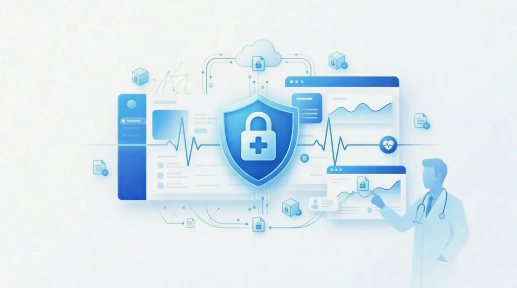 "HIPAA compliance for software showing secure healthcare data protection with encryption, medical interface, and patient data systems