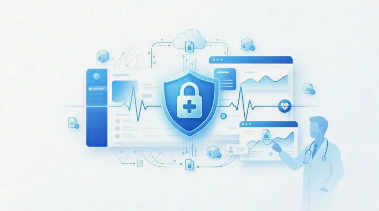 "HIPAA compliance for software showing secure healthcare data protection with encryption, medical interface, and patient data systems