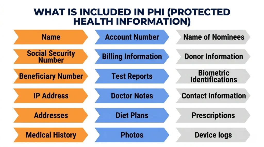 Infographic listing types of Protected Health Information (PHI) under HIPAA including Name, SSN, Medical History, Billing Information, and Biometric Identifications