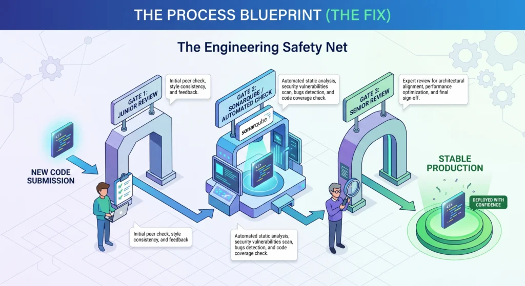 innostax-engineering-safety-net-process-blueprint-junior-review-sonarqube-automated-check-senior-review-stable-production-india