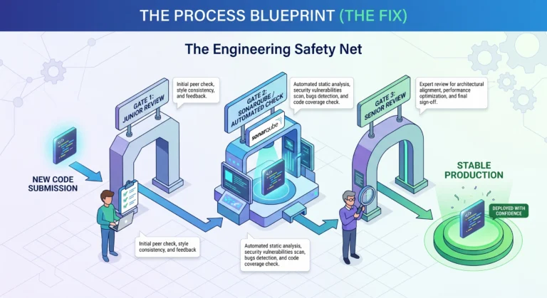 innostax-engineering-safety-net-process-blueprint-junior-review-sonarqube-automated-check-senior-review-stable-production-india