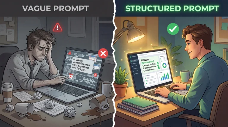 Comparison of vague vs structured AI prompts showing how proper prompt engineering improves AI-generated output quality for developers and businesses.
