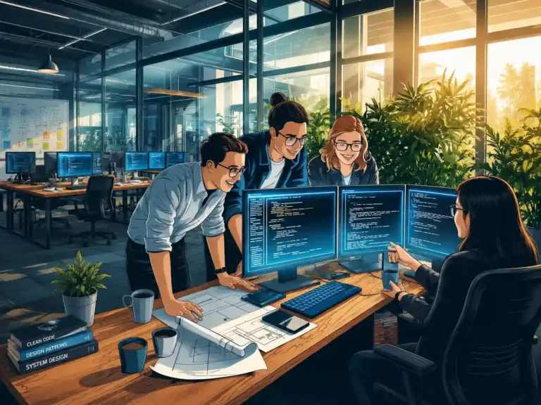 Software development team collaborating on code review and app development in a modern Gurgaon office, improving engineering productivity through agile workflows and CI/CD automation.