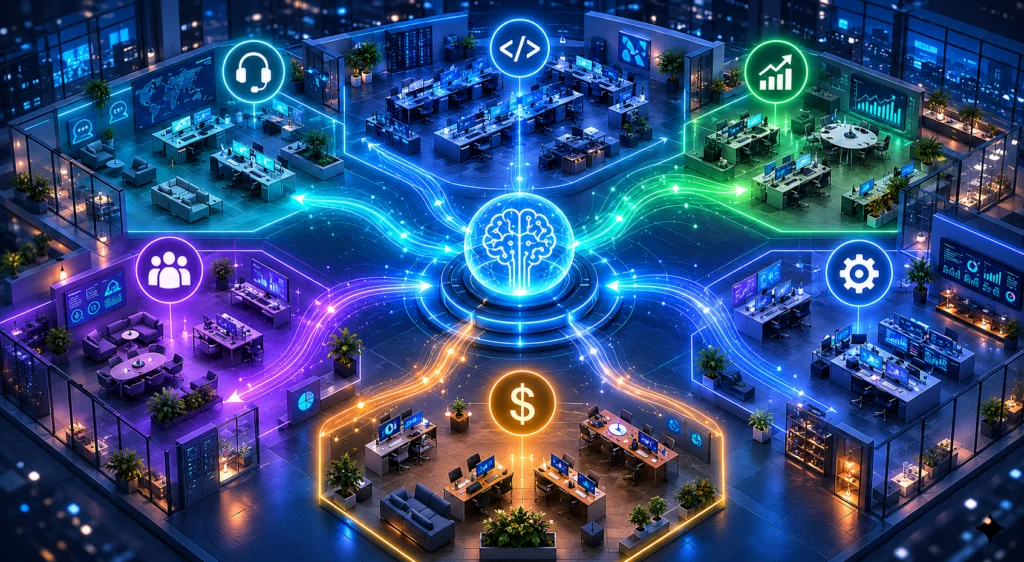 Modern enterprise office departments connected to a central AI hub in an isometric digital illustration.