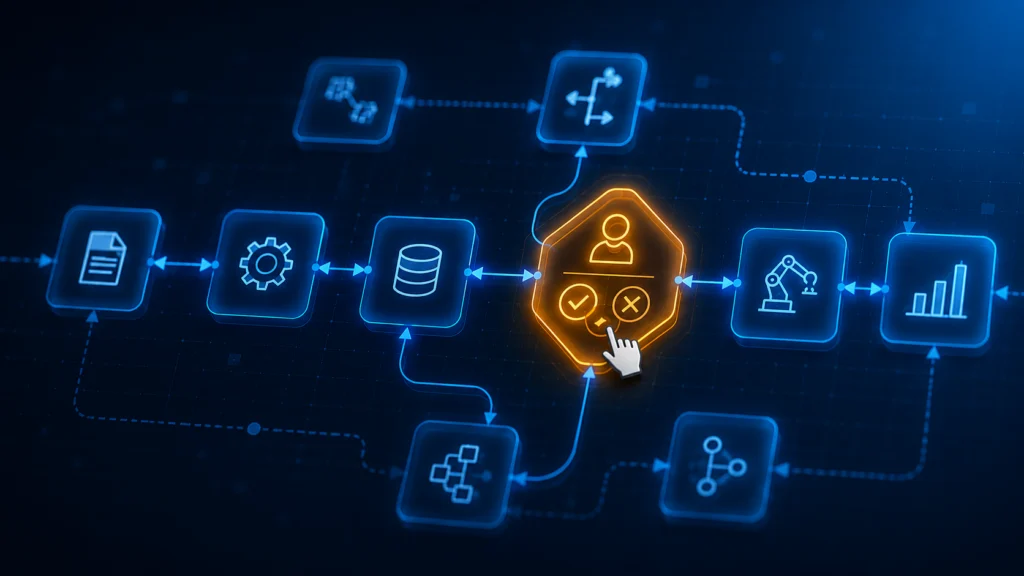 Human-in-the-loop AI workflow diagram showing an automated enterprise pipeline with a human approval checkpoint between document processing, database, automation, and analytics nodes