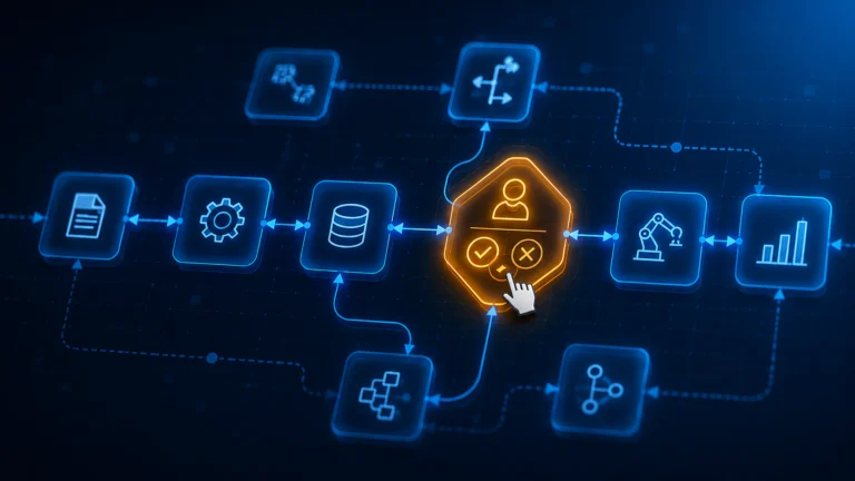 Human-in-the-loop AI workflow diagram showing an automated enterprise pipeline with a human approval checkpoint between document processing, database, automation, and analytics nodes