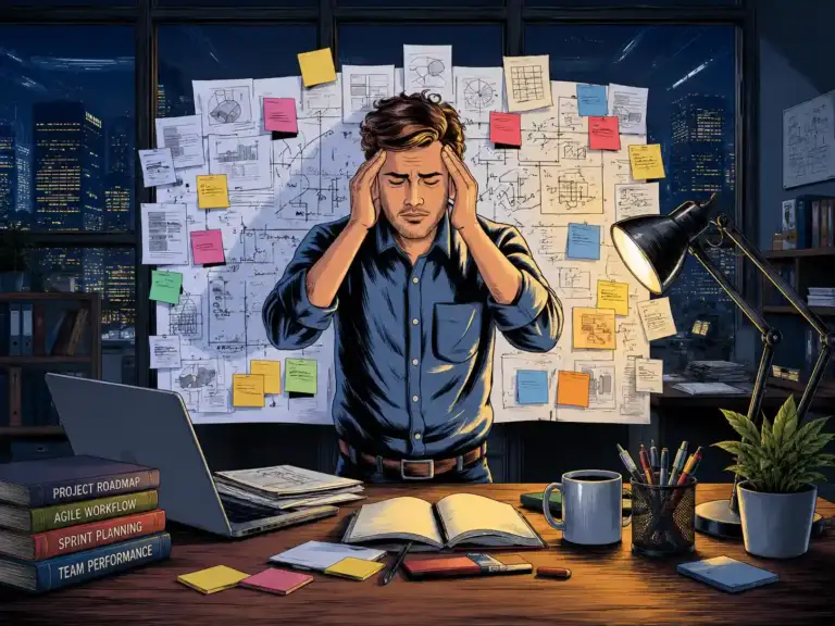 Software developer overwhelmed by sprint planning, project blockers, and workflow inefficiencies while managing software delivery tasks in a modern tech office.