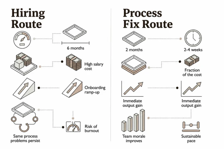 Infographic comparing the hiring route versus process improvement route for software development teams, highlighting faster delivery, lower costs, improved team morale, and sustainable productivity gains.