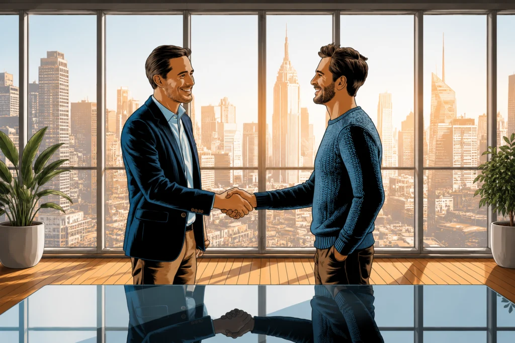 Business professionals shaking hands during a software development consultation meeting in a modern office, representing engineering collaboration, project partnership, and team augmentation services.