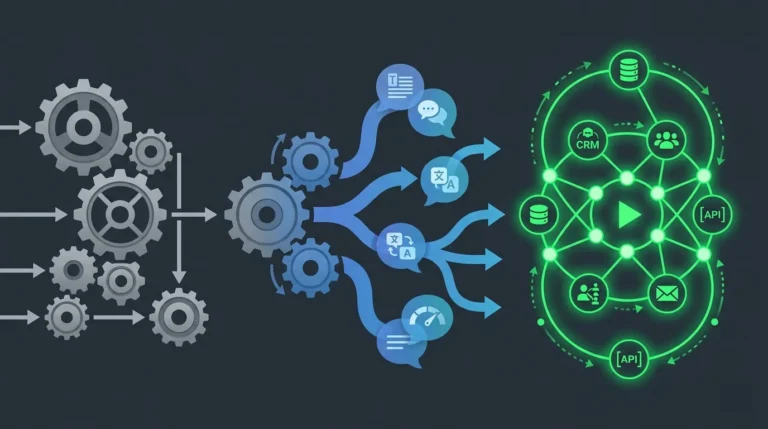 Visual comparison of traditional automation, AI automation, and autonomous AI agents executing enterprise workflows across CRM, database, and API systems