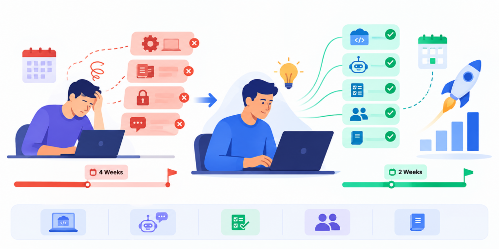Developer onboarding illustration showing bottlenecks transformed into fast, efficient workflows.