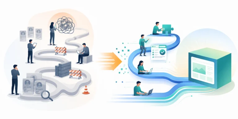vector illustration showing a slow, bottlenecked software delivery workflow transforming into a smooth, efficient engineering workflow